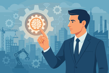 Poster - Industry 4.0 concept with businessman managing smart factory via AI. Brain in cogwheel for innovation and automation. Futuristic manufacturing technology and industrial control.