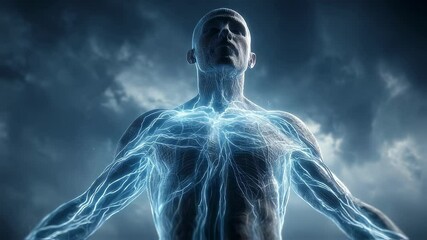Poster - Luminous fascia network radiating energy across muscular male torso, tightening against brooding stormy sky backdrop, revealing intricate biological dynamics