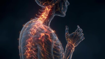 Poster - medical visualization revealing glowing energy flow through patient's body, mapping suppressed sympt