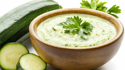 Poster - Fresh cucumber soup garnished with green parsley leaves, perfect for a light lunch or snack