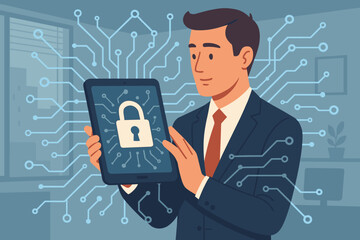 Poster - Cyber security concept with businessman holding tablet with padlock icon. Data protection and internet privacy technology. Digital information network system security vigilance.