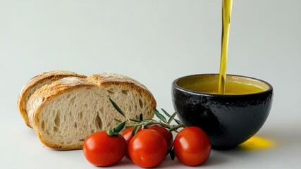 Aufkleber - Freshly baked bread served alongside steaming hot soup and cherry tomatoes, perfect for a cozy meal