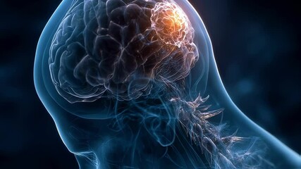 Poster - Medical animation showing a glowing tumor pressing against a human brain, highlighting potential disruptions to neural activity and emphasizing the importance of early diagnosis and treatment