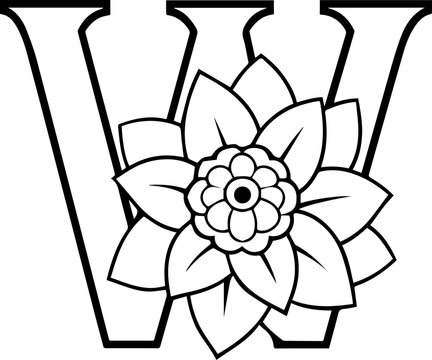 Alphabet W coloring page with the flower, W letter digital outline floral, ABC coloring page