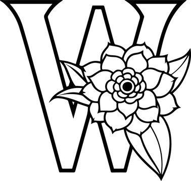 Alphabet W coloring page with the flower, W letter digital outline floral, ABC coloring page