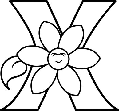 Alphabet X coloring page with the flower, X letter digital outline floral, ABC coloring page