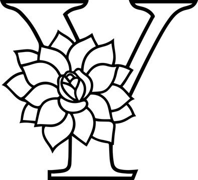Alphabet Y coloring page with the flower, Y letter digital outline floral, ABC coloring page