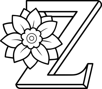 Alphabet Z coloring page with the flower, Z letter digital outline floral, ABC coloring page