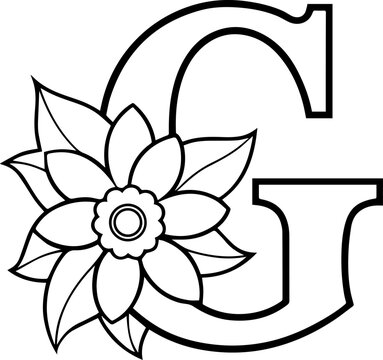 Alphabet G coloring page with the flower, G letter digital outline floral, ABC coloring page