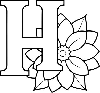 Alphabet H coloring page with the flower, H letter digital outline floral, ABC coloring page