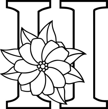 Alphabet H coloring page with the flower, H letter digital outline floral, ABC coloring page
