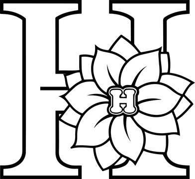 Alphabet H coloring page with the flower, H letter digital outline floral, ABC coloring page