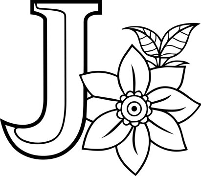 Alphabet J coloring page with the flower, J letter digital outline floral, ABC coloring page