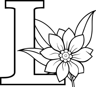 Alphabet L coloring page with the flower, L letter digital outline floral, ABC coloring page