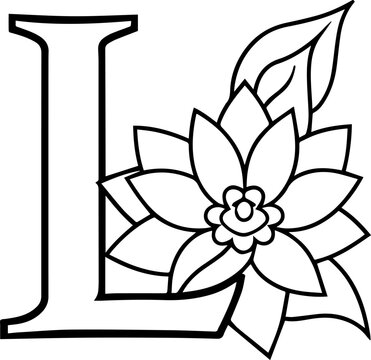 Alphabet L coloring page with the flower, L letter digital outline floral, ABC coloring page