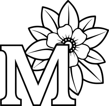 Alphabet M coloring page with the flower, M letter digital outline floral, ABC coloring page