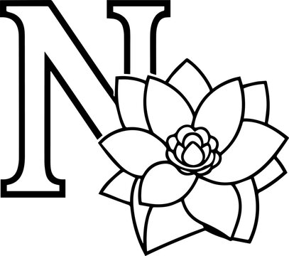 Alphabet N coloring page with the flower, N letter digital outline floral, ABC coloring page