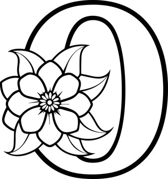 Alphabet O coloring page with the flower, O letter digital outline floral, ABC coloring page