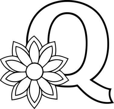 Alphabet Q coloring page with the flower, Q letter digital outline floral, ABC coloring page