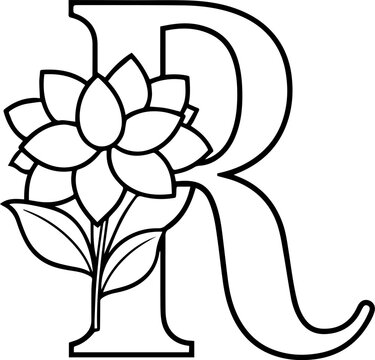 Alphabet R coloring page with the flower, R letter digital outline floral, ABC coloring page