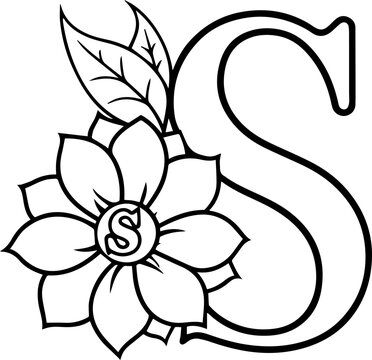 Alphabet S coloring page with the flower, S letter digital outline floral, ABC coloring page