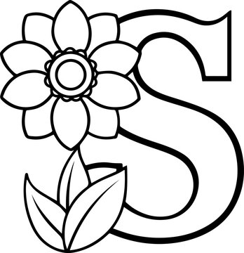 Alphabet S coloring page with the flower, S letter digital outline floral, ABC coloring page