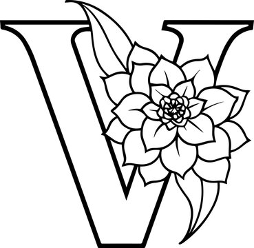 Alphabet V coloring page with the flower, V letter digital outline floral, ABC coloring page