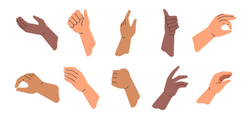 Poster - Giving or taking hand gestures set, isolated palms with fingers. Vector help or assistance sign, cartoon icons. Non verbal communication, body movements collection. Speech or convey emotions
