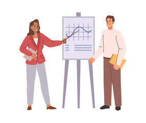 Poster - Employees in office working on project tasks. Vector isolated people discussing and brainstorming for ideas. Business development and growth in company. Presentation with charts and diagrams