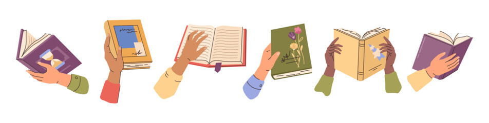 Aufkleber - Diverse people holding books. Vector individuals exchanging, borrowing and recommending literature. Hands with publications or notebooks. Persons with textbooks or novels. Education and leisure time