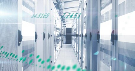 Poster - Green data dots materializing at left drifting through server corridor showing performance metrics