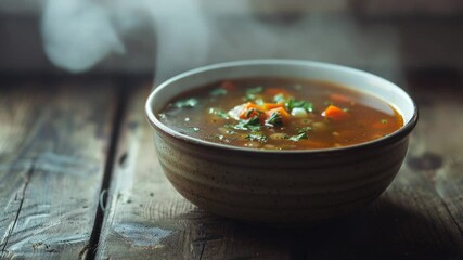 Poster - Soup on a wooden table, a warm and inviting meal