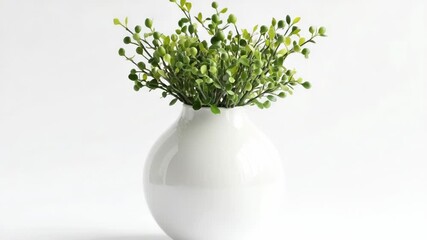 Poster - A simple and elegant white vase filled with fresh green plants, perfect for decoration or as a centerpiece