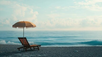 Poster - A chair and umbrella sit on a sunny beach near the ocean, perfect for relaxation or a picnic