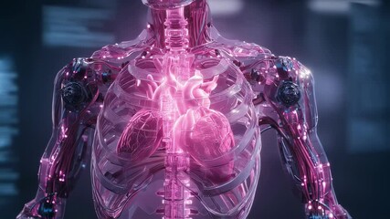 Poster - Transparent robotic humanoid torso with glowing pink heart and circulatory system, showcasing advanced medical technology and futuristic human machine integration