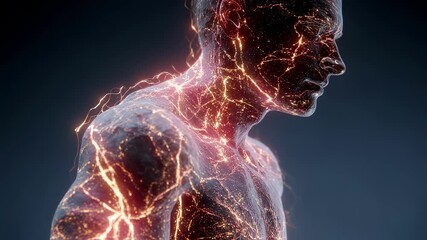 Poster - medical visualization revealing internal stress through glowing cracks spreading across male body, d
