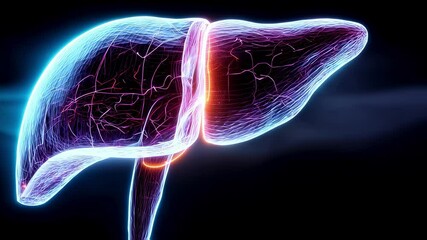 Poster - glowing energy condensing within transparent human liver, visualizing internal biological processes 