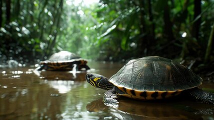 Poster - Two turtles sit together in calm water, perfect for a peaceful scene or illustration