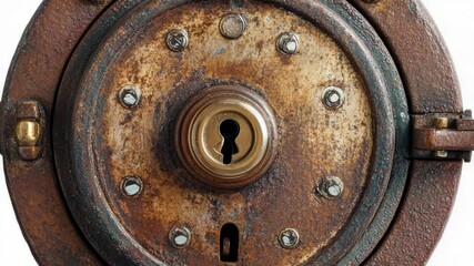 Poster - A close-up view of a metal door's keyhole, perfect for use in scenes where security and locking mechanisms are important