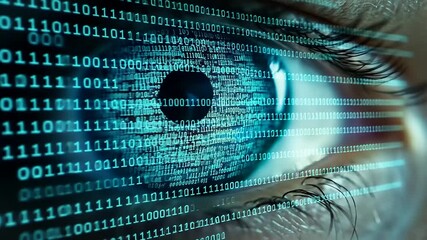 Close-up of an eye with digital binary code overlay, symbolizing technology and data processing