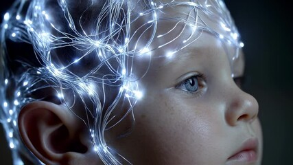Aufkleber - Fiber optic cables illuminate a child's head, symbolizing complex neural pathways and brain activity, offering a captivating visualization of neurological processes