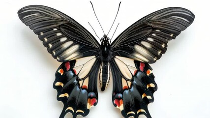 Poster - A black and white butterfly perched on a white surface, showcasing its unique color pattern