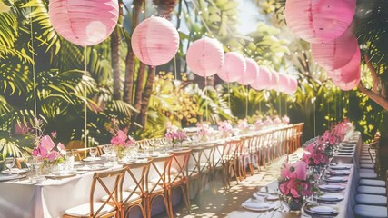 Poster - A festive table setting with pink paper lanterns