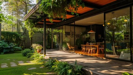 Aufkleber - A cozy patio setup with a wooden table and chairs, perfect for outdoor dining or relaxation