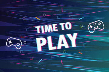 Aufkleber - It's time to play text with game controller on abstract gaming background with blue, pink, purple lights.