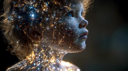 Poster - wonderful medical science visualization showing a child's profile with shining stars and nebulae pro