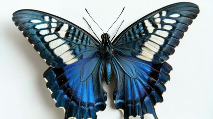 Poster - A blue and white butterfly perched on a white surface