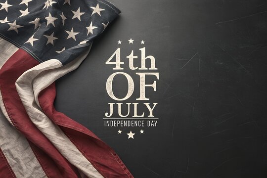Faded american flag draped on dark background with 4th of july independence day text
