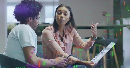 Poster - Woman pointing tablet initiating animated finance data overlays and man analyzing graphs for review