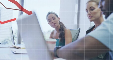 Poster - Man adjusting laptop, turning screen to colleagues, sparking team analyzing red business chart dip
